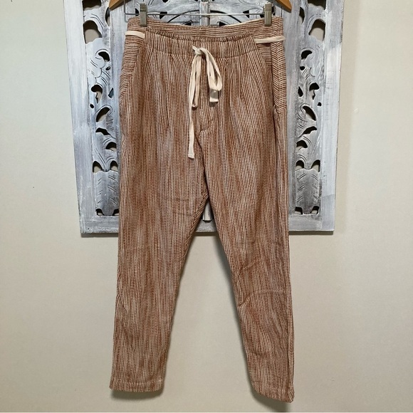 Free People Light At Sunrise Woven Cream/ Brown Crop Pants Size 4 - Picture 7 of 13